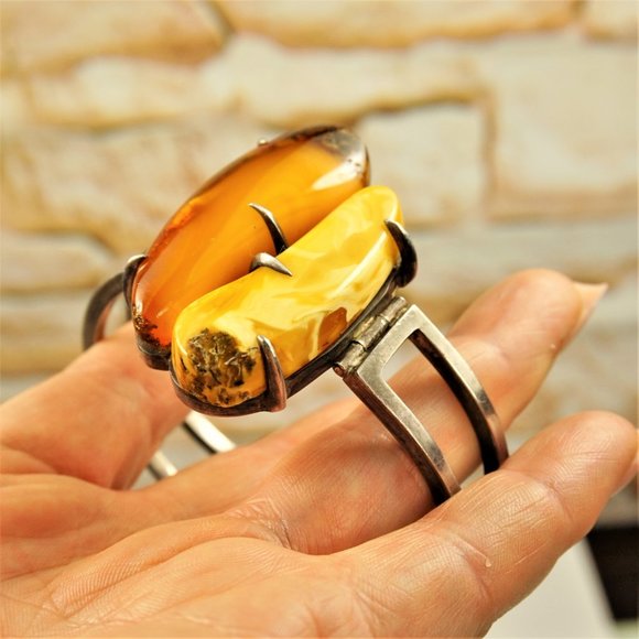 SUPER RARE MODERNIST AMBER STERLING BRACELET, HEAVY HINGED BANGLE 7" - Picture 9 of 11